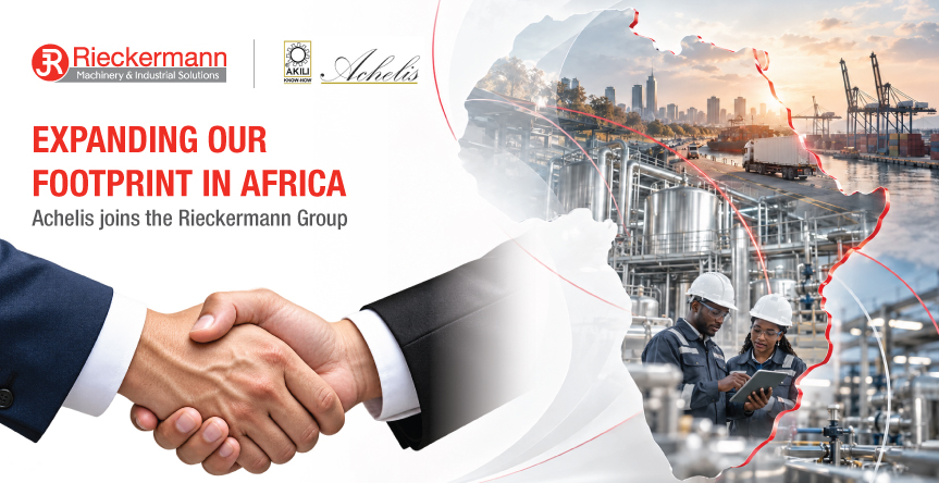 Rieckermann and Achelis logos with handshake and industrial images in African continent outline marking the acquisition and expansion in East Africa